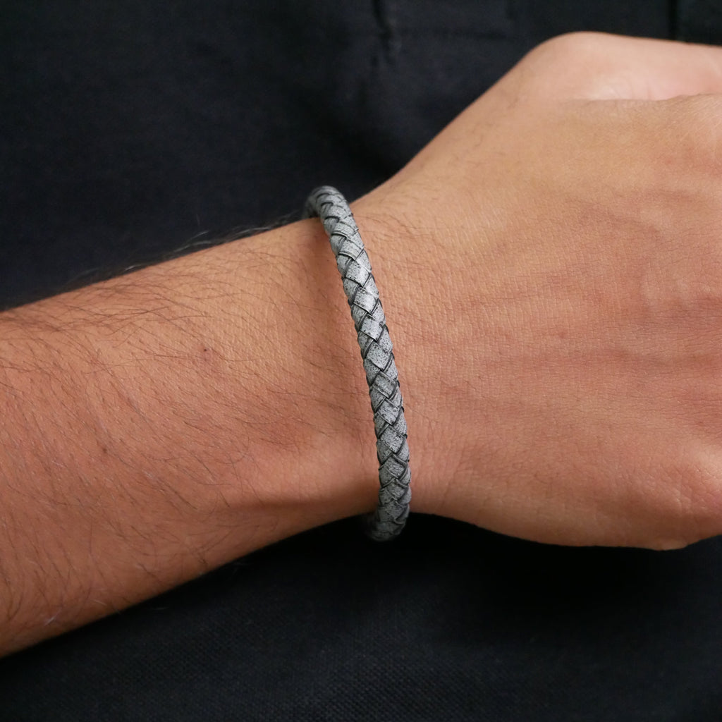 Ashen Slate Woven Leather Bracelet