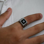 Braided-Side Square Black Gemstone Ring
